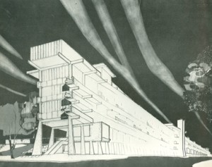 Leonardo Savioli, prospettiva dell’edificio A (1962). Tratta da: M. Bottero, Leonardo Savioli, «World Architecture», n. 3, 1966 