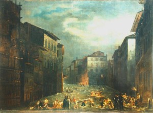 Olio su tela dell'alluvione del 1844 al canto degli Alberti. Immagine tratta dal sito dell’Archivio Storico del Comune di Firenze